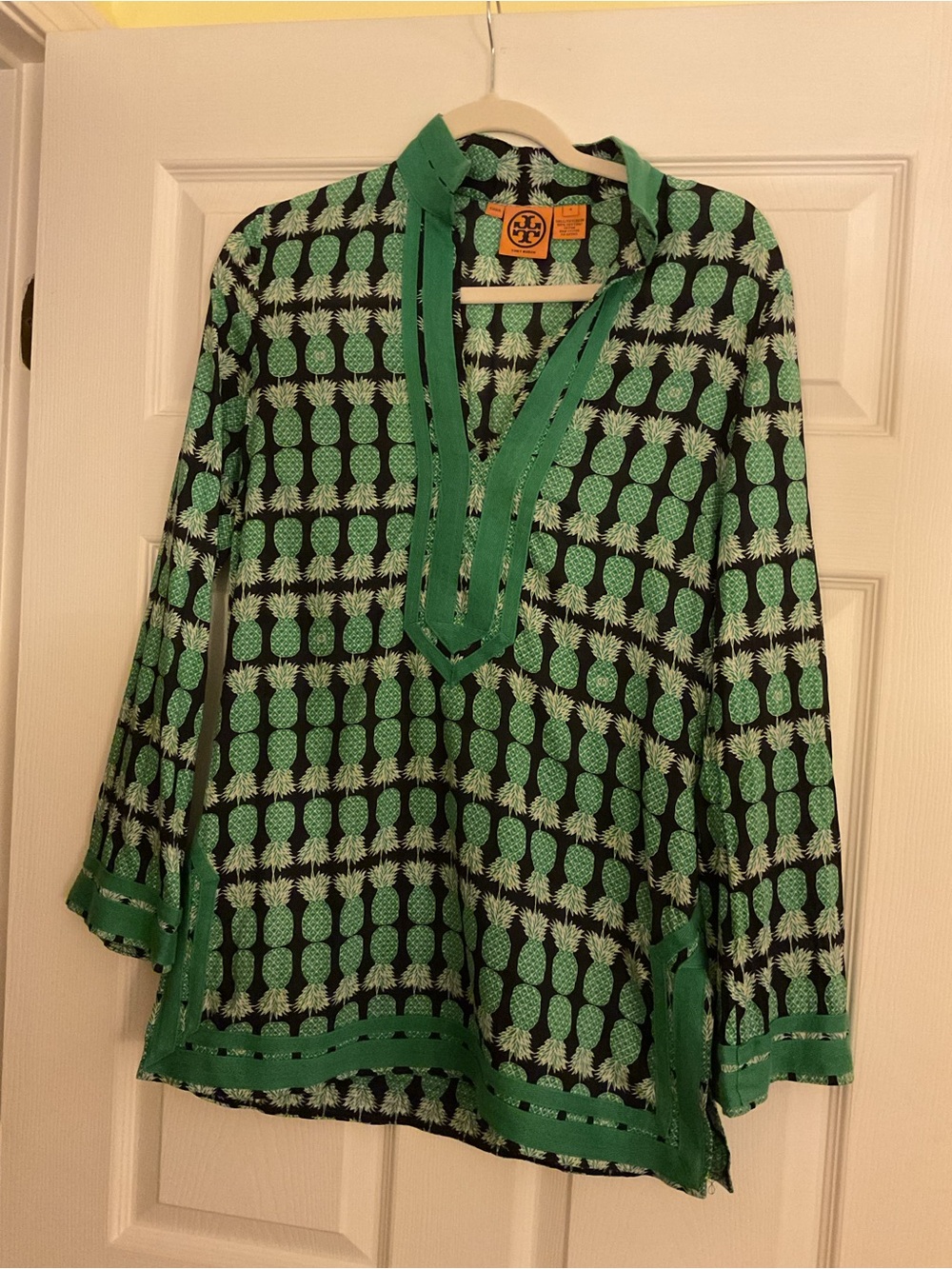 Tory Burch Black & Green Pineapple Print Cotton Tunic Top Size Small / 4
